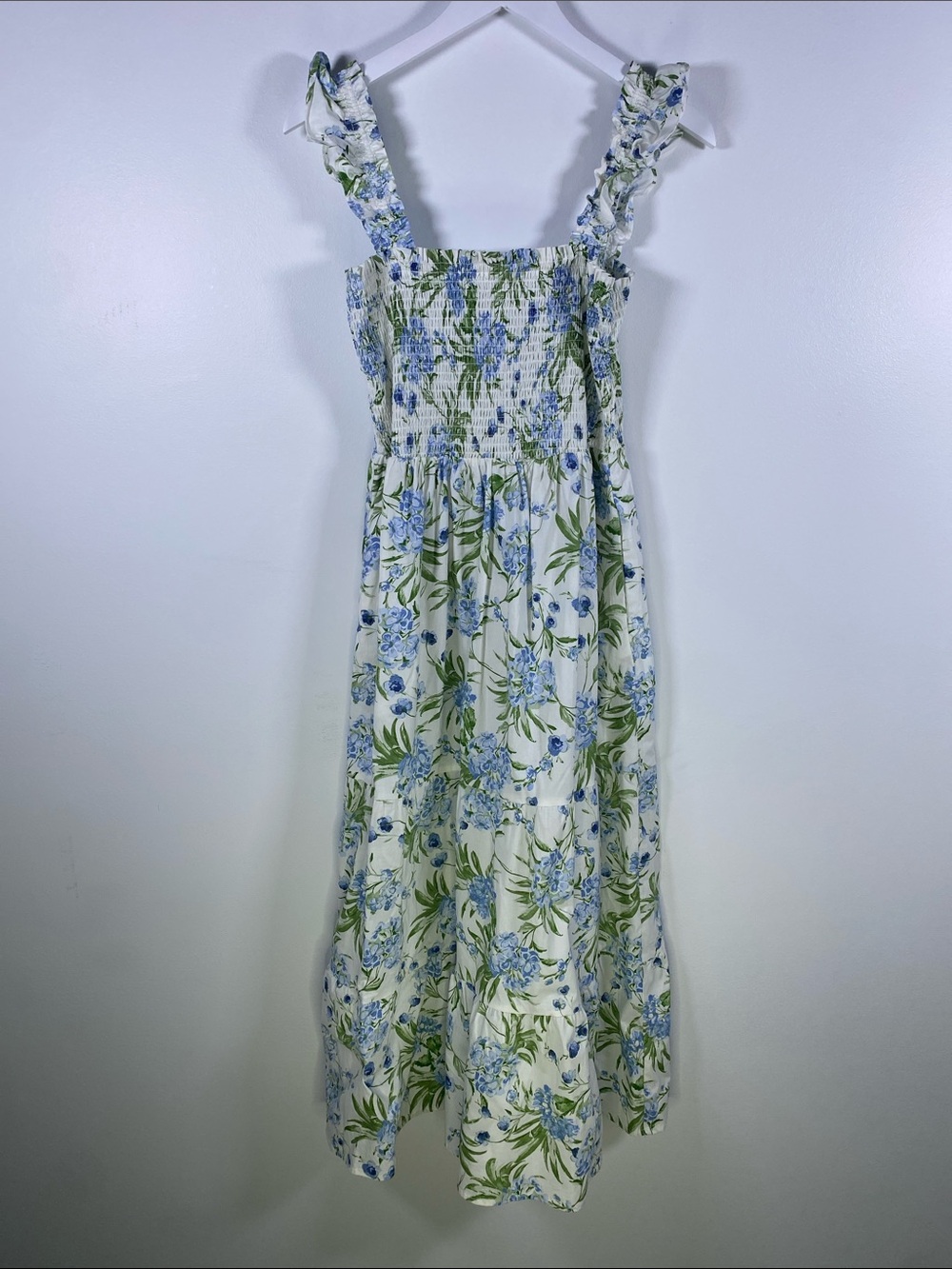 Joie Blue Floral Cotton Smocked Tiered Maxi Dress Ruffle Strap M